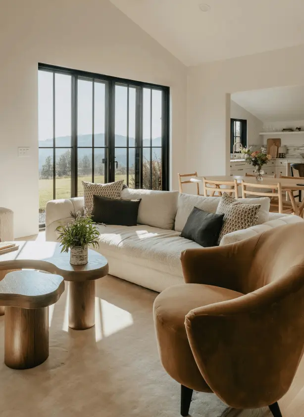 Sunlit living room with neutral tones and large glass doors