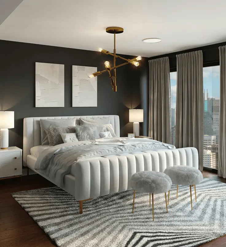 A luxurious bedroom showcases a white upholstered bed, gold chandelier, fuzzy white stools, and a black and white striped rug with a city view.